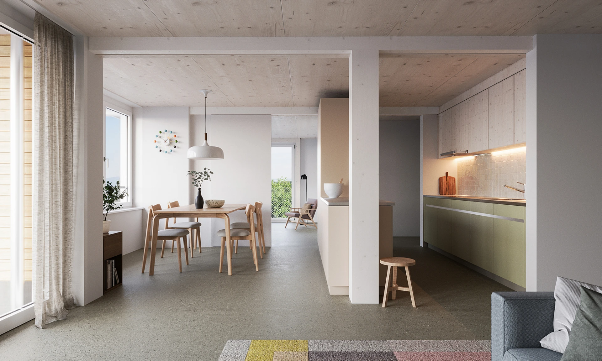 Visualisierung Küche und Essbereich unter der Holzdecke, Haus A - Hedwigs Garten